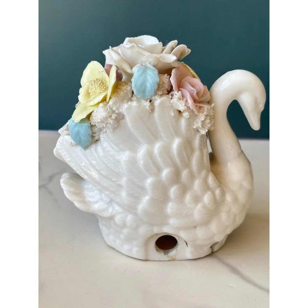 Vintage Porcelain Swan Figurine Applied Pastel Flowers